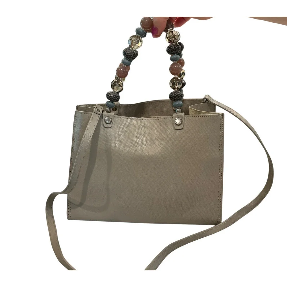 Roberta Gandolfi Taupe Leather Handbag with Beaded Handle